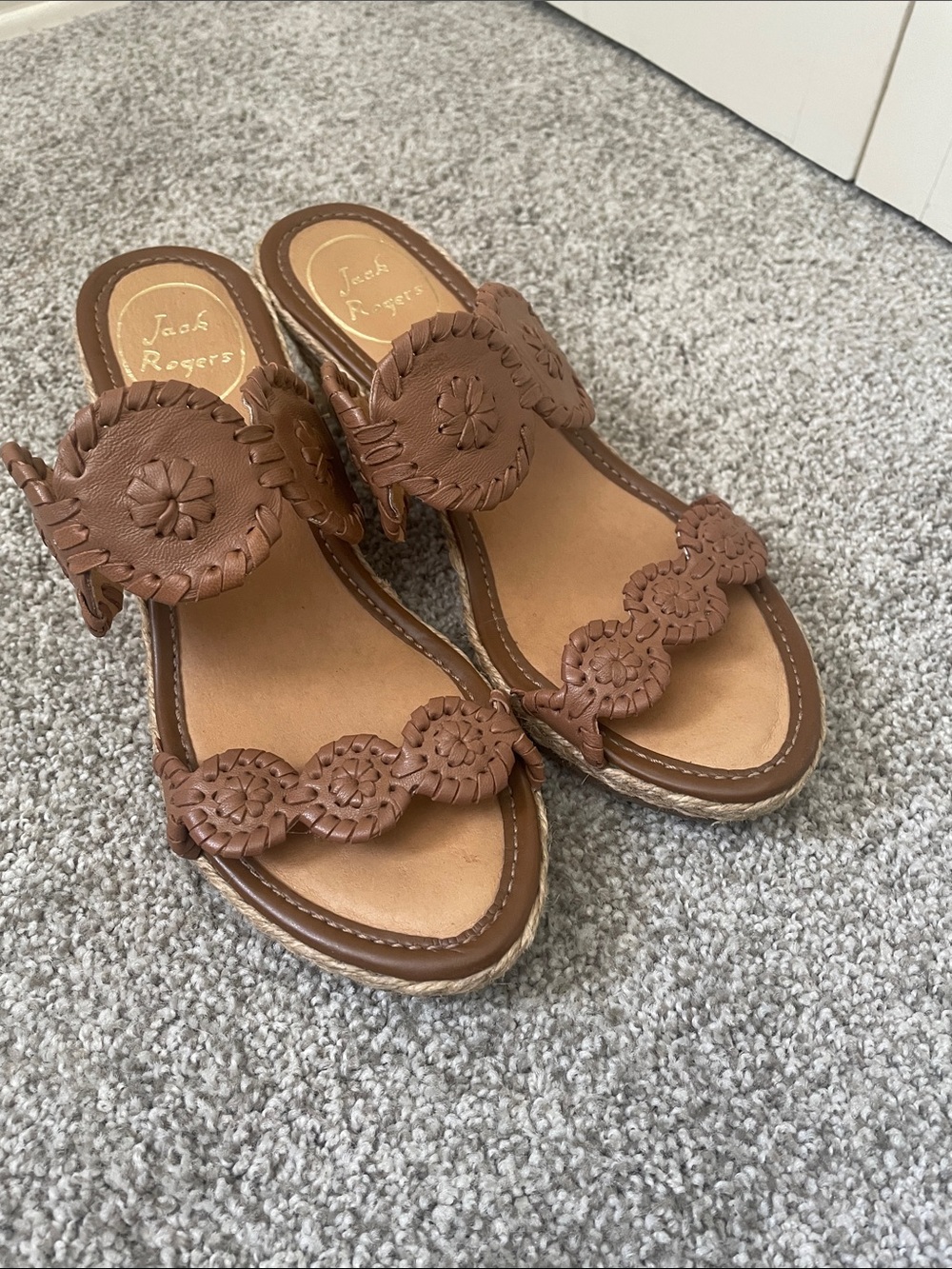 Jack Rogers Brown Leather Woven Medallion 2 strap Espadrille Wedge Sandals Sz 6
